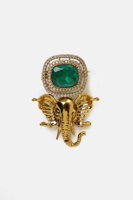 Ruby Raang_Gold Plated Pearls, Stones Brass Elephant Brooch _Online_at_Aza_Fashions