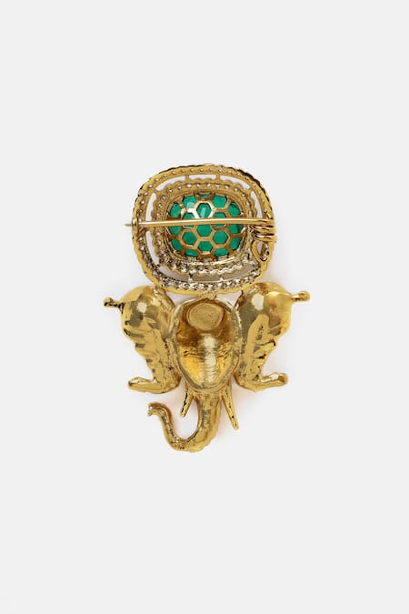 Shop_Ruby Raang_Gold Plated Pearls, Stones Brass Elephant Brooch _Online_at_Aza_Fashions