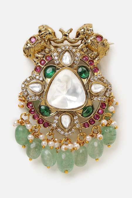 Ruby Raang_Gold Plated Pearls, Stones, Kundan Studded Brooch _at_Aza_Fashions