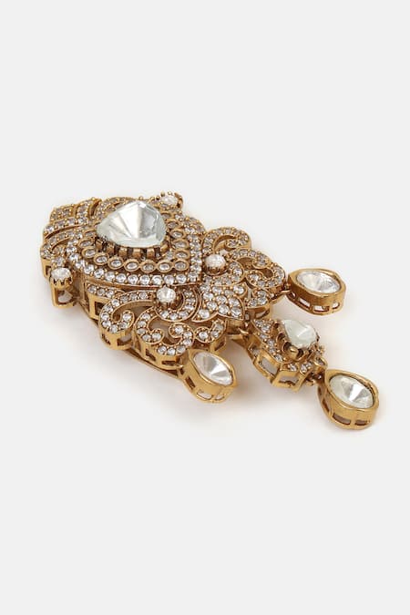 Ruby Raang_White Pearls, Stones Kundan Brass Hair Clip _Online_at_Aza_Fashions