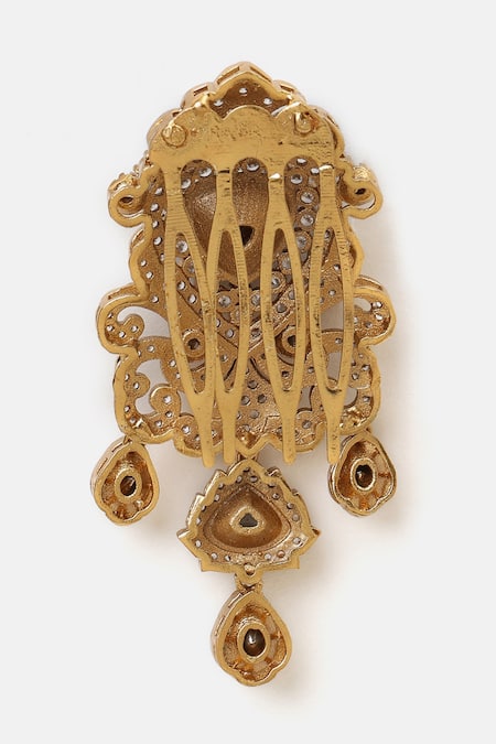 Ruby Raang_White Pearls, Stones Kundan Brass Hair Clip _at_Aza_Fashions