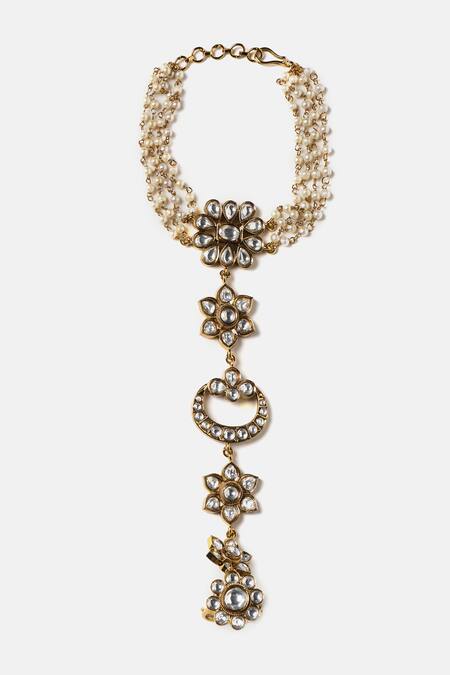 Buy_Ruby Raang_White Pearls, Stones Kundan Embellished Haathphool _Online_at_Aza_Fashions