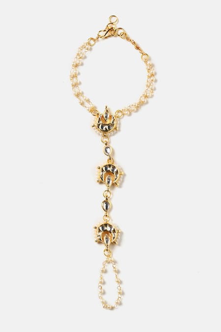 Shop_Ruby Raang_White Pearls, Stones Kundan Brass Hand Harness _Online_at_Aza_Fashions