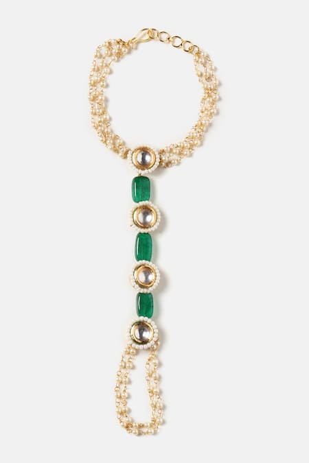 Ruby Raang_Green Beads, Pearls, Stones, Crystals Kundan Embellished Haathphool _Online_at_Aza_Fashions