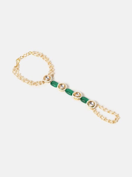 Shop_Ruby Raang_Green Beads, Pearls, Stones, Crystals Kundan Embellished Haathphool _Online_at_Aza_Fashions