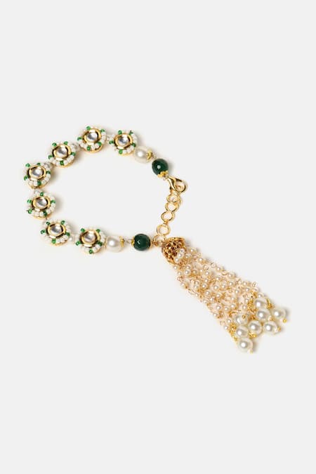 Ruby Raang_Gold Plated Beads, Pearls, Stones, Tassels Kundan Embellished Bracelet _Online_at_Aza_Fashions