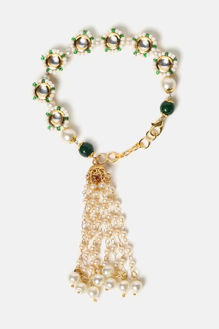 Shop_Ruby Raang_Gold Plated Beads, Pearls, Stones, Tassels Kundan Embellished Bracelet _Online_at_Aza_Fashions