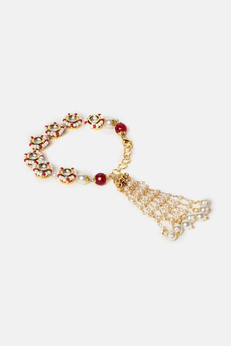 Ruby Raang_White Beads, Pearls, Stones, Tassels Kundan And Bracelet _Online_at_Aza_Fashions