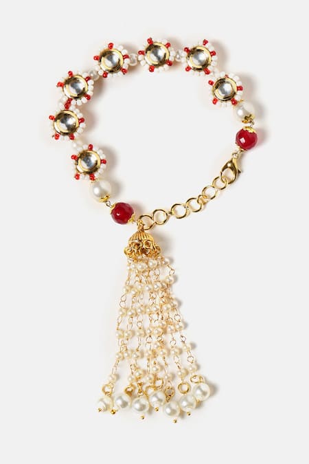 Shop_Ruby Raang_White Beads, Pearls, Stones, Tassels Kundan And Bracelet _Online_at_Aza_Fashions