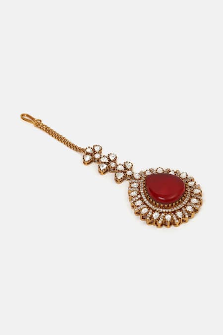 Ruby Raang_Red Pearls, Stones Kundan Embellished Maangtikka _Online_at_Aza_Fashions
