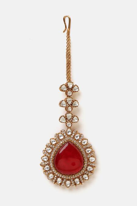 Buy_Ruby Raang_Red Pearls, Stones Kundan Embellished Maangtikka _Online_at_Aza_Fashions