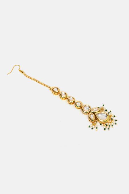 Ruby Raang_Green Beads, Pearls, Stones Kundan Embellished Maangtikka _Online_at_Aza_Fashions