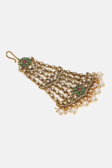 Ruby Raang_White Pearls, Stones, Tassels Kundan Embellished Passa _Online_at_Aza_Fashions