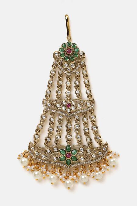 Buy_Ruby Raang_White Pearls, Stones, Tassels Kundan Embellished Passa _Online_at_Aza_Fashions