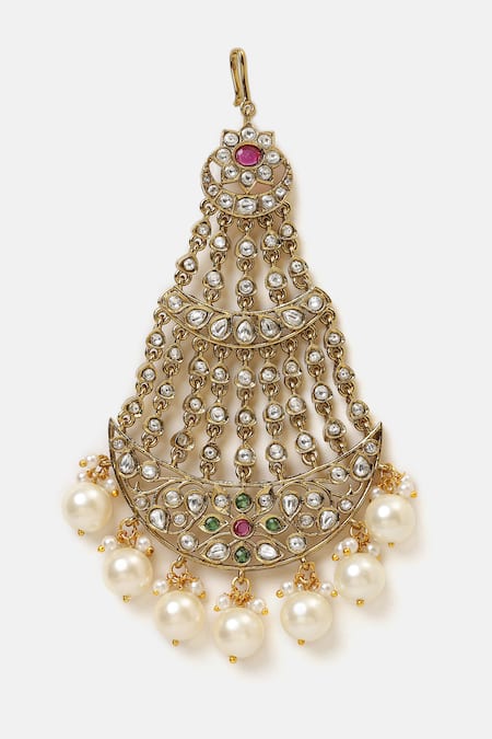 Shop_Ruby Raang_White Pearls, Stones Kundan Embellished Brass Passa _Online_at_Aza_Fashions