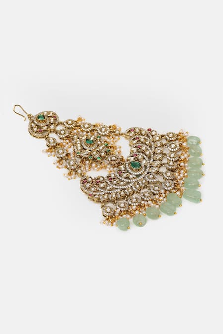 Ruby Raang_Gold Plated Pearls, Stones Kundan Brass Passa _Online_at_Aza_Fashions