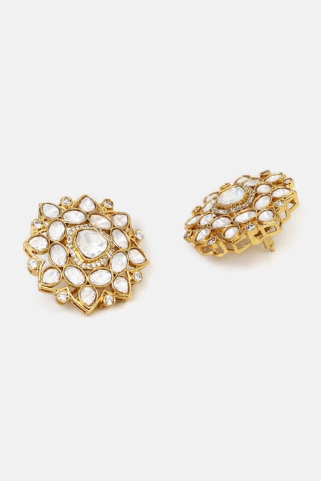 Ruby Raang_White Stones, Crystals Kundan Floral Stud Earrings _Online_at_Aza_Fashions