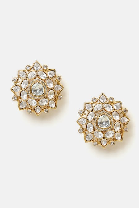 Shop_Ruby Raang_White Stones, Crystals Kundan Floral Stud Earrings _Online_at_Aza_Fashions