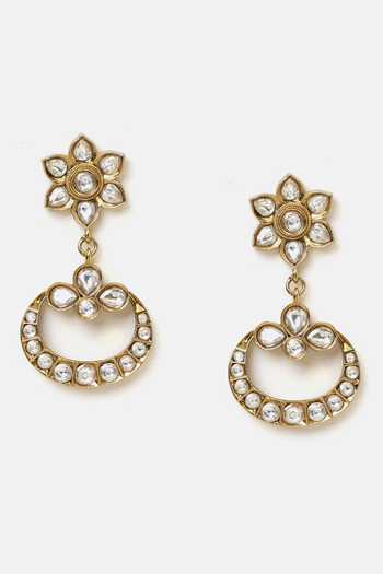 Ruby Raang_White Stones, Crystals Kundan Floral Drop Earrings _at_Aza_Fashions