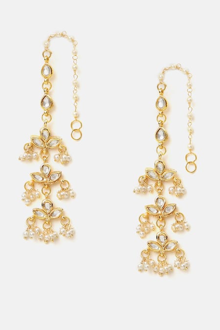Shop_Ruby Raang_White Pearls, Stones Kundan Brass Earrings _Online_at_Aza_Fashions