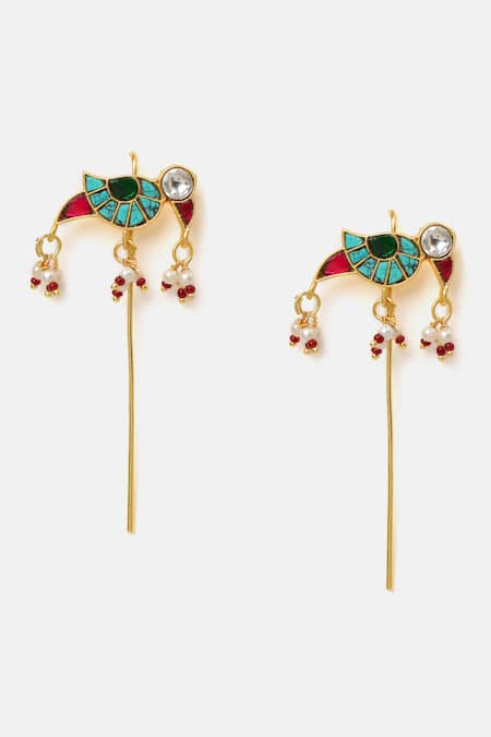 Shop_Ruby Raang_Multi Color Pearls, Stones Brass Kundan Ear Cuffs - Set Of 2 _Online_at_Aza_Fashions