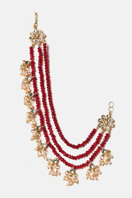 Buy_Ruby Raang_Red Kundan Bead Ear Chain - Set Of 2 _Online_at_Aza_Fashions