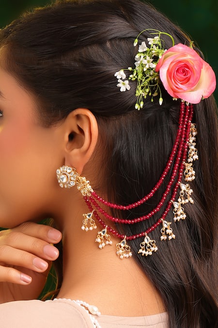 Ruby Raang Kundan Red Bead Ear Chain - Set of 2 