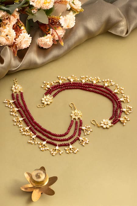 Ruby Raang Kundan Red Bead Ear Chain - Set of 2 