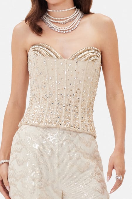 Basanti Kapde aur Koffee_Ivory Georgette Sequins, Beads, Pearls Celestial Corset And Bell Bottom Pant Set _Online_at_Aza_Fashions