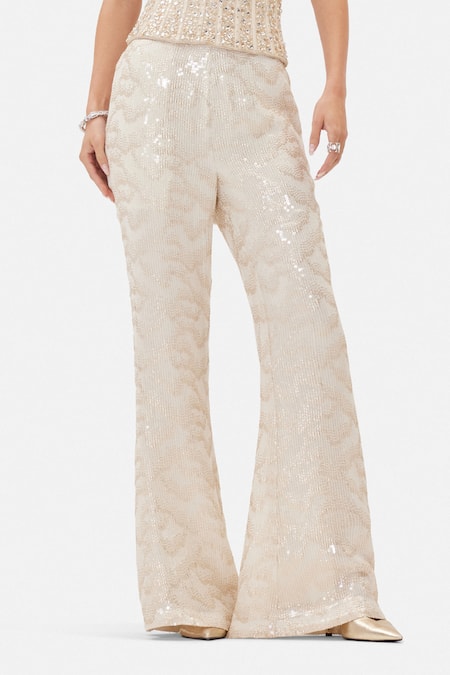 Buy_Basanti Kapde aur Koffee_Ivory Georgette Sequins, Beads, Pearls Celestial Corset And Bell Bottom Pant Set _Online_at_Aza_Fashions
