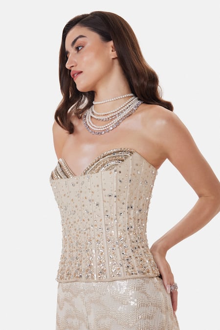 Shop_Basanti Kapde aur Koffee_Ivory Georgette Sequins, Beads, Pearls Celestial Corset And Bell Bottom Pant Set _Online_at_Aza_Fashions