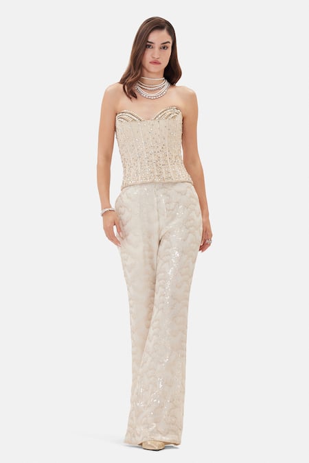 Basanti Kapde aur Koffee_Ivory Georgette Sequins, Beads, Pearls Celestial Corset And Bell Bottom Pant Set _at_Aza_Fashions