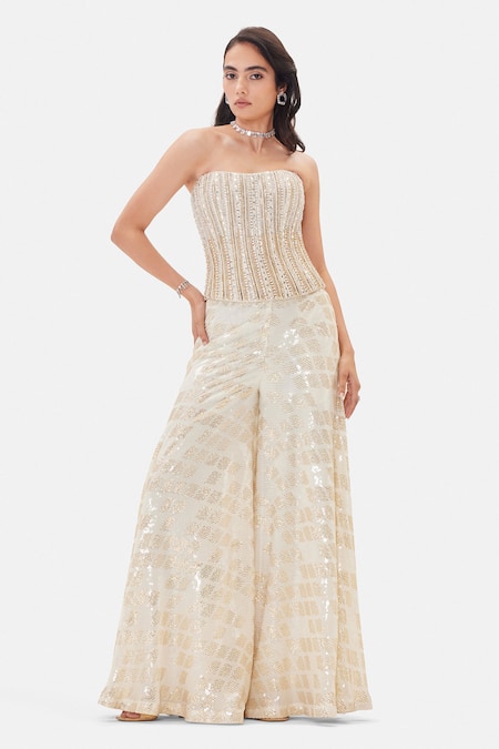 Basanti Kapde aur Koffee Champagne Sparkle Georgette Corset & Sharara Set 