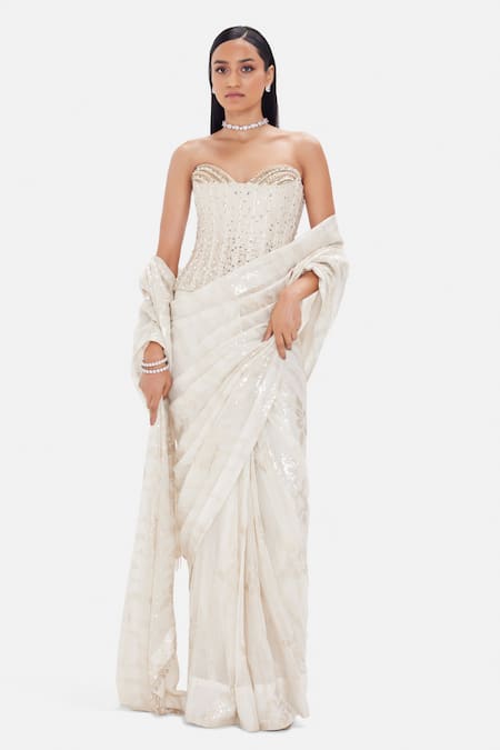 Basanti Kapde aur Koffee White Lily Corset & Saree Set 