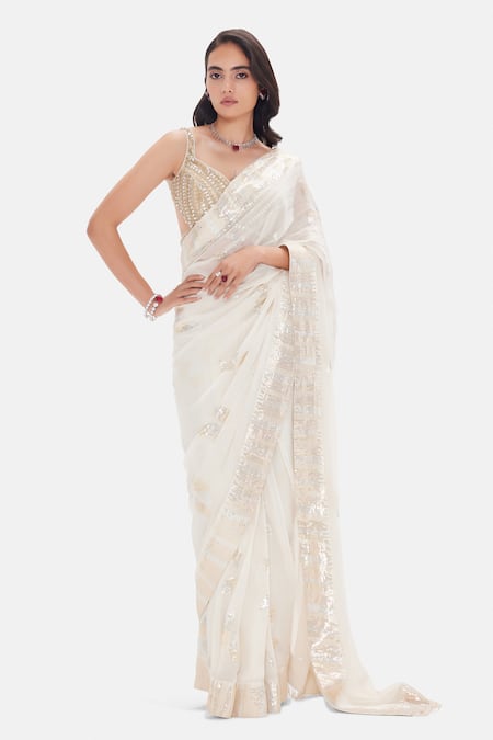 Basanti Kapde aur Koffee Ecru Illusion Georgette Saree & Blouse Set 