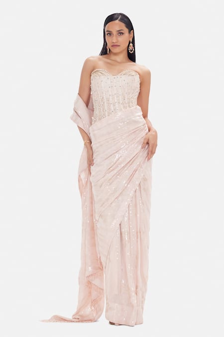 Basanti Kapde aur Koffee Blush Lily Corset & Pre-Draped Saree Set 