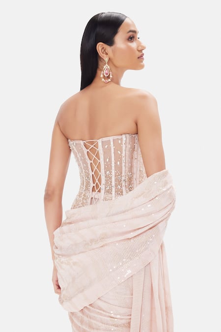 Basanti Kapde aur Koffee Blush Lily Corset & Pre-Draped Saree Set 