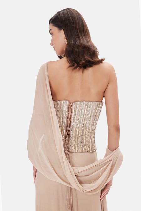 Basanti Kapde aur Koffee Georgette Empress Corset & Pre-Draped Saree Set 