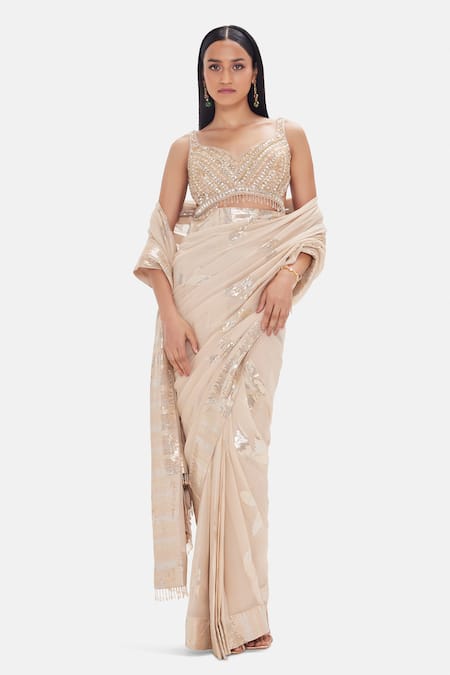 Basanti Kapde aur Koffee Pre-Draped Georgette Saree & Blouse Set 