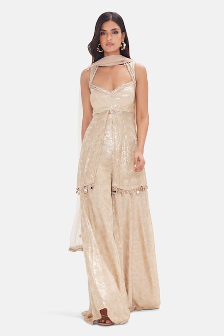 Basanti Kapde aur Koffee Beige Shimmer Embroidered Sharara Set 