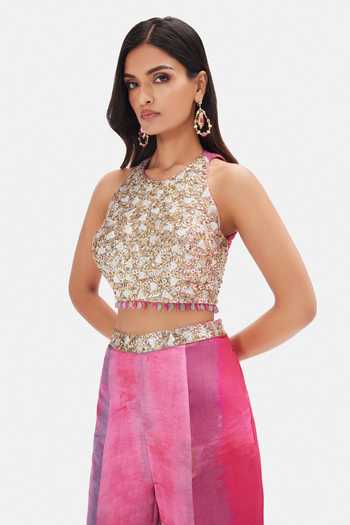 Shop Basanti Kapde aur Koffee Gold Crepe Sequins, Beads, Zari Halter Neck Orchid Dreams Blouse And Sharara Set Online at Aza Fashions Shop_Basanti Kapde aur Koffee_Gold Crepe Sequins, Beads, Zari Halter Neck Orchid Dreams Blouse And Sharara Set _Online_at_Aza_Fashions