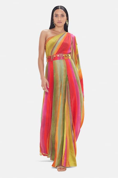 Shop Basanti Kapde aur Koffee Pink Crepe Chains Asymmetric Athena Prism Jumpsuit Online at Aza Fashions Shop_Basanti Kapde aur Koffee_Pink Crepe Chains Asymmetric Athena Prism Jumpsuit _Online_at_Aza_Fashions