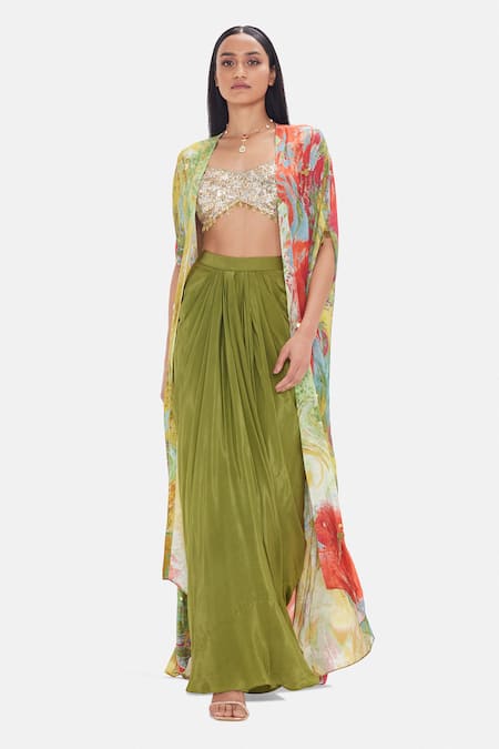 Basanti Kapde aur Koffee Olive Oasis Cape & Draped Skirt Set 