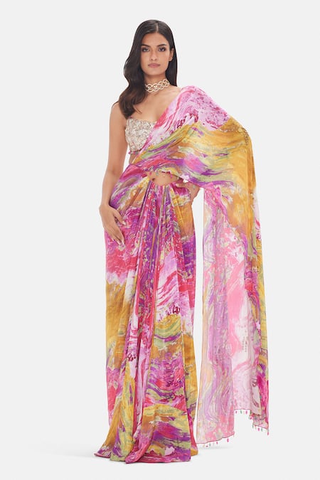 Basanti Kapde aur Koffee Sunset Serenade Crepe Pre-Draped Saree & Blouse 