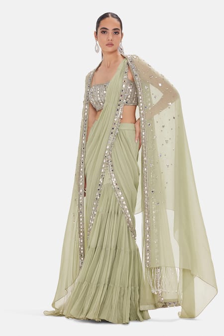 Basanti Kapde aur Koffee Imperial Pista Pre-Draped Saree Set 