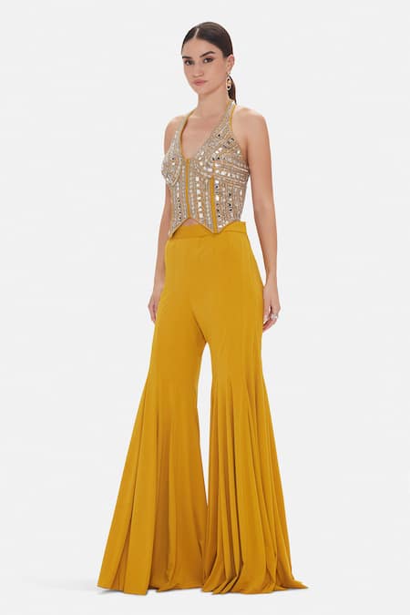 Basanti Kapde aur Koffee_Gold Silk, Lycra Sequins, Mirrors, Cut Work, Modern Ochre Flare Sharara Set _Online_at_Aza_Fashions