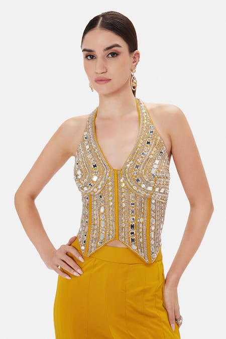 Shop_Basanti Kapde aur Koffee_Gold Silk, Lycra Sequins, Mirrors, Cut Work, Modern Ochre Flare Sharara Set _Online_at_Aza_Fashions