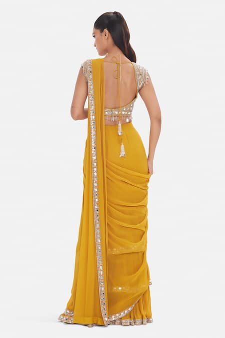 Basanti Kapde aur Koffee Pre-Draped Georgette Saree & Blouse Set 