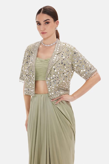 Basanti Kapde aur Koffee_Green Silk, Dupion Sequins, Beads, Pearls, Willow Jacket And Draped Skirt Set _Online_at_Aza_Fashions