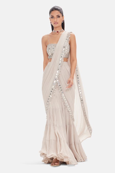 Basanti Kapde aur Koffee Blush Imperial Pre-Draped Georgette Saree & Blouse Set 